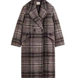 H&M Brown Wool Blend Plaid Double-Breasted Coat
